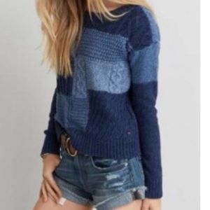 A E O Patchwork Blue Knit Pullover Sweater Size XS